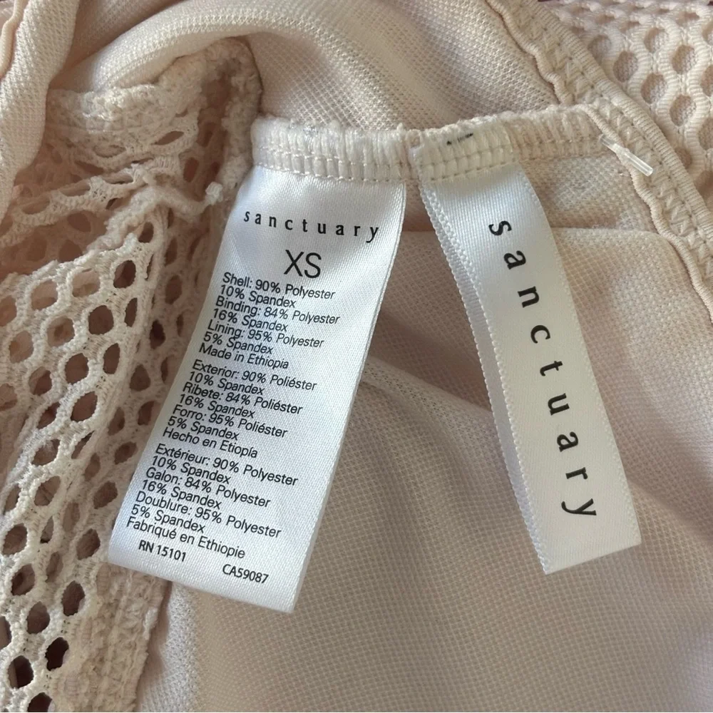 NWT Sanctuary Swim Scoop-Neck High-Leg One-Piece Swimsuit Light Sand Mesh Cutout